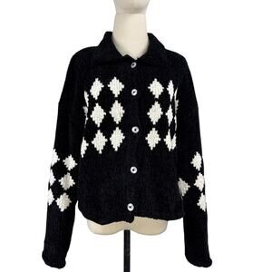 Vintage 80s Susina Argyle Cardigan Sweater Women's Med Black White Chunky Knit